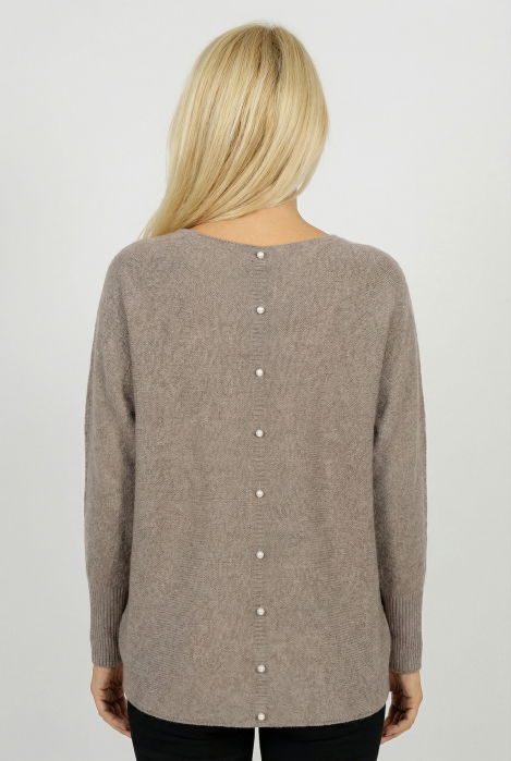 Pulover cu maneci fluture si perlute fine pe spate din vascoza, bej inchis [3]