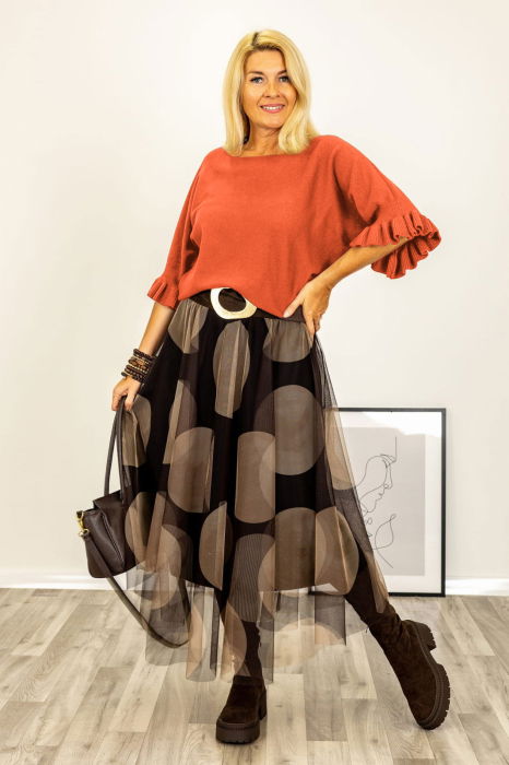 Pulover cu maneci scurte si volane la mansete din vascoza, caramiziu [2]