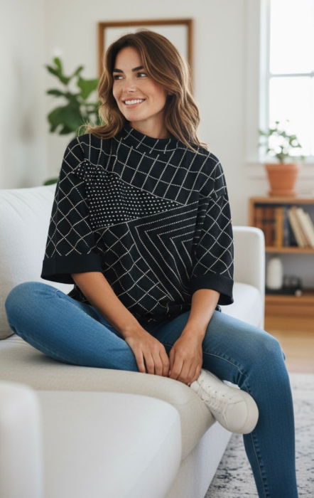 Pulover cu jocuri de linii albe  pe fond negru [2]