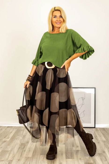 Pulover cu maneci scurte si volane la mansete din vascoza, verde olive [2]