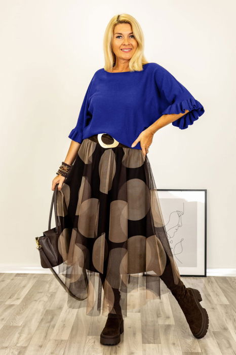 Pulover cu maneci scurte si volane la mansete din vascoza, albastru electric [2]