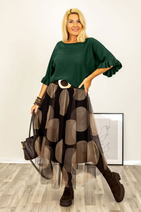 Pulover cu maneci scurte si volane la mansete din vascoza, verde inchis [2]