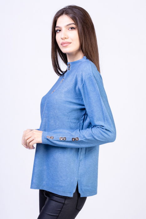 Pulover cu nasturei aurii pe decolteu si la maneci, albastru [2]