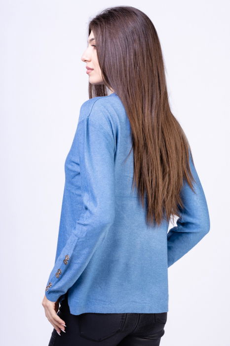 Pulover cu nasturei aurii pe decolteu si la maneci, albastru [3]
