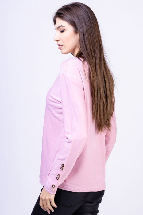 Pulover cu nasturei aurii pe decolteu si la maneci, roz [3]