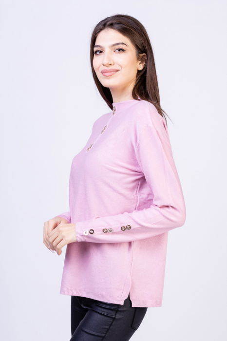 Pulover cu nasturei aurii pe decolteu si la maneci, roz [2]