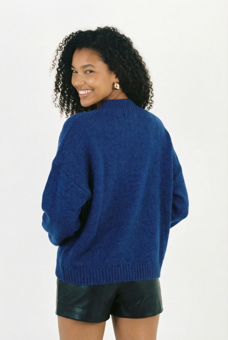 Pulover cu nasturi decorativi impletitura decorativa pe piept si decolteu in V, albastru electric [2]