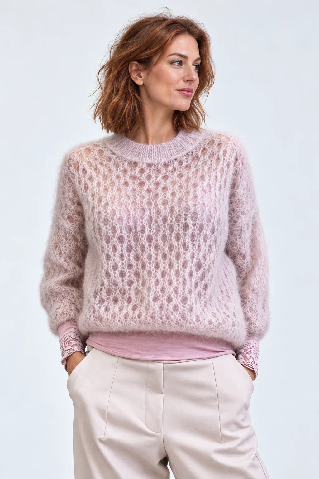Pulover din mohair 80% cu tricot ajurat si textura pufoasa, bej