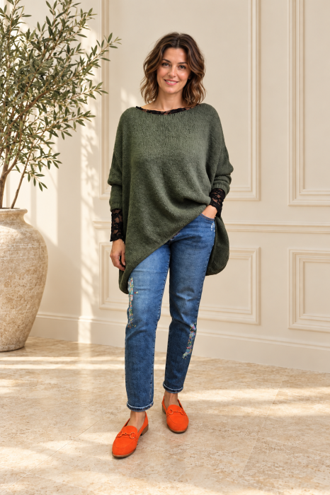 Pulover asimetric, oversize cu maneca cazuta, kaki