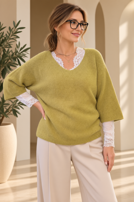 Pulover fin cu alpaca, oversize cu maneca fluture, verde oliv