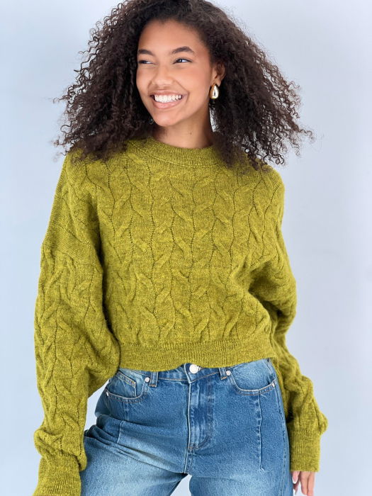 Pulover scurt cu model in opturi, la baza gatului, verde [3]