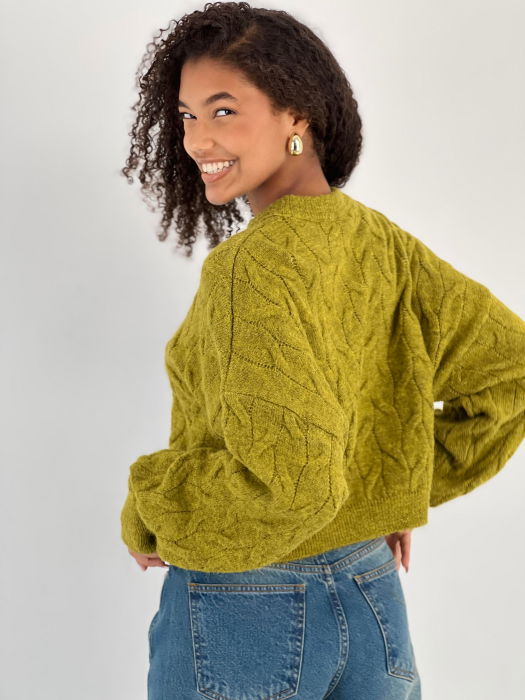 Pulover scurt cu model in opturi, la baza gatului, verde [2]