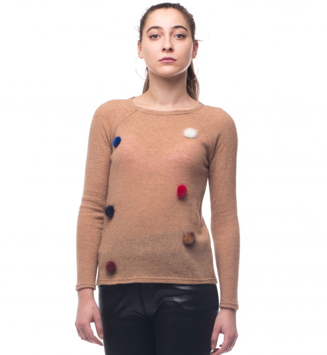 Pulover bej cu aplicatii colorate din blana naturala [1]