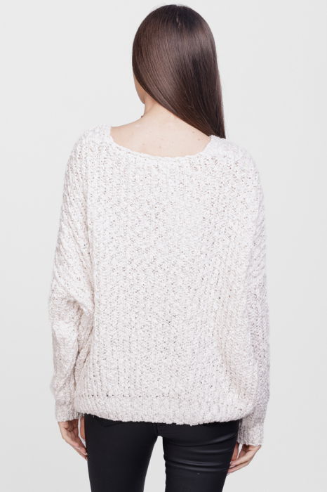 Pulover oversize, cu ochiuri mari si decolteu in V, ivoire [3]