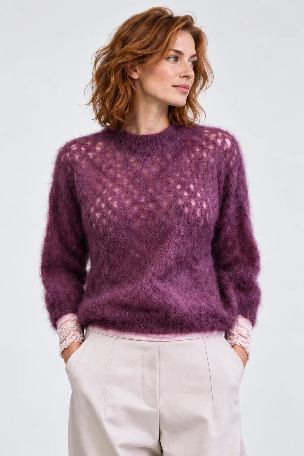 Pulover din mohair 80% cu tricot ajurat si textura pufoasa, mov pruna inchis