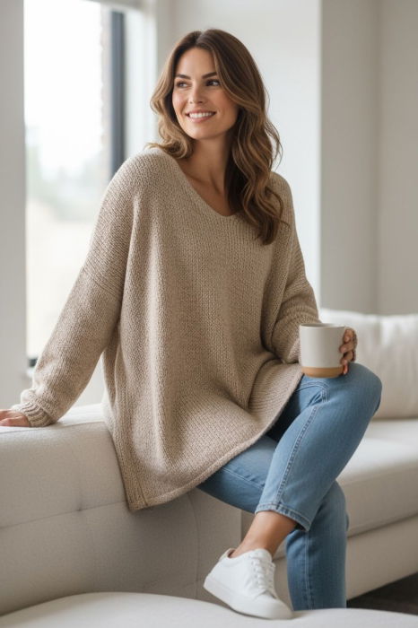 Pulover pufos bej , oversize cu colt si decolteu in V [2]