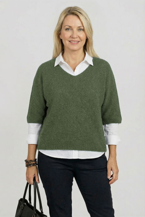 Pulover pufos cu alpaca, oversize cu maneca fluture, verde pastelat [3]