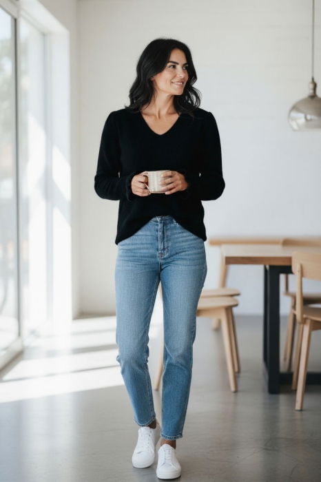 Pulover pufos cu alpaca, volane la maneci si decolteu in V – model casual chic, negru [2]