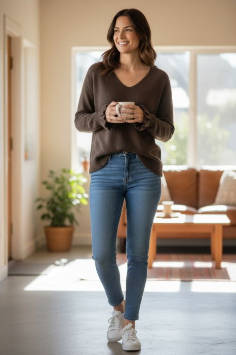 Pulover pufos cu alpaca, volane la maneci si decolteu in V – model casual chic, maro [2]