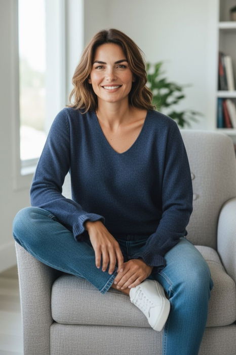 Pulover pufos cu alpaca, volane la maneci si decolteu in V – model casual chic, albastru [3]