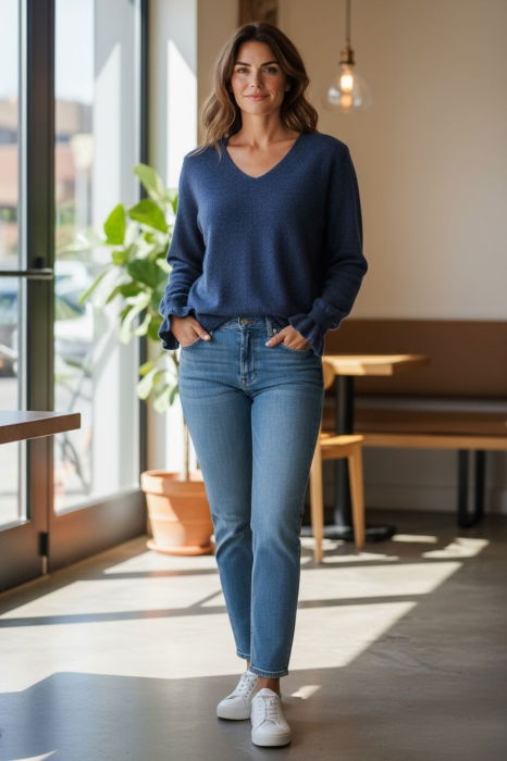 Pulover pufos cu alpaca, volane la maneci si decolteu in V – model casual chic, albastru [2]