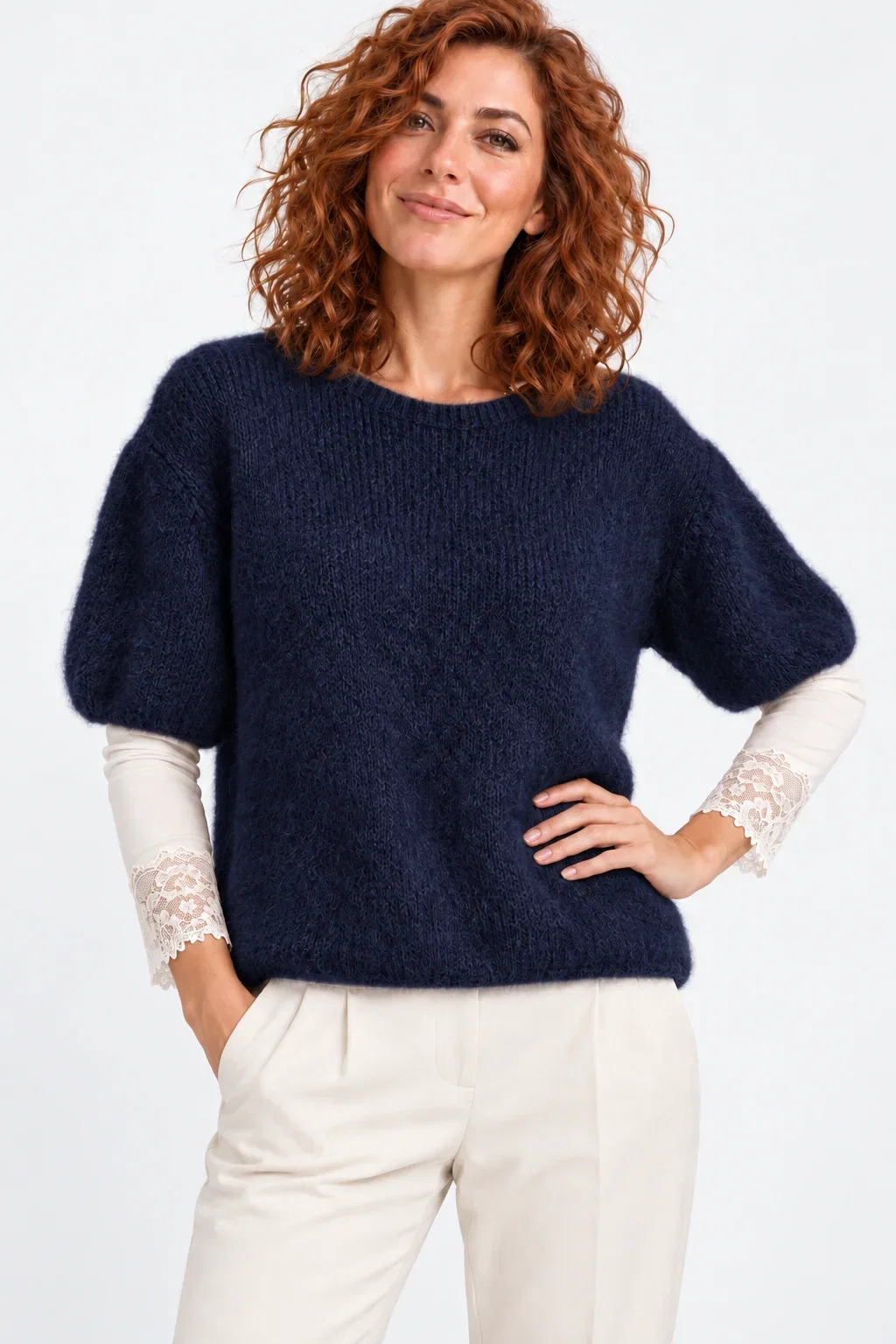 Pulover pufos cu maneca scurta, cu mohair si lana, bleumarin — Colecție Damă, Pulovere și cardigane