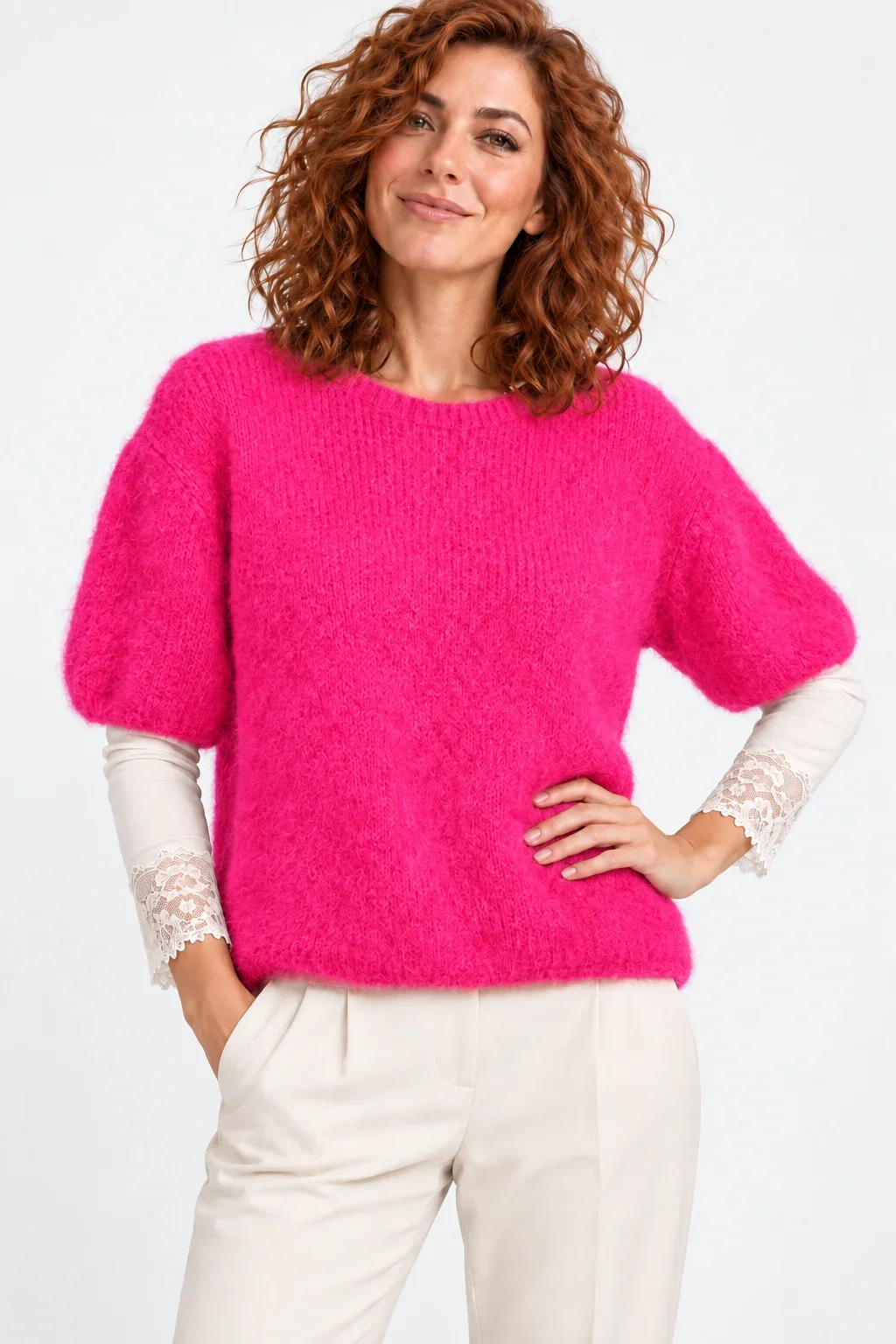Pulover pufos cu maneca scurta, cu mohair si lana, fucsia — Colecție Damă, Pulovere și cardigane