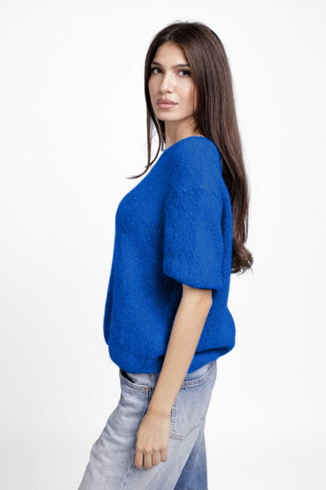 Pulover pufos cu maneca scurta, cu mohair si lana, albastru electric [2]