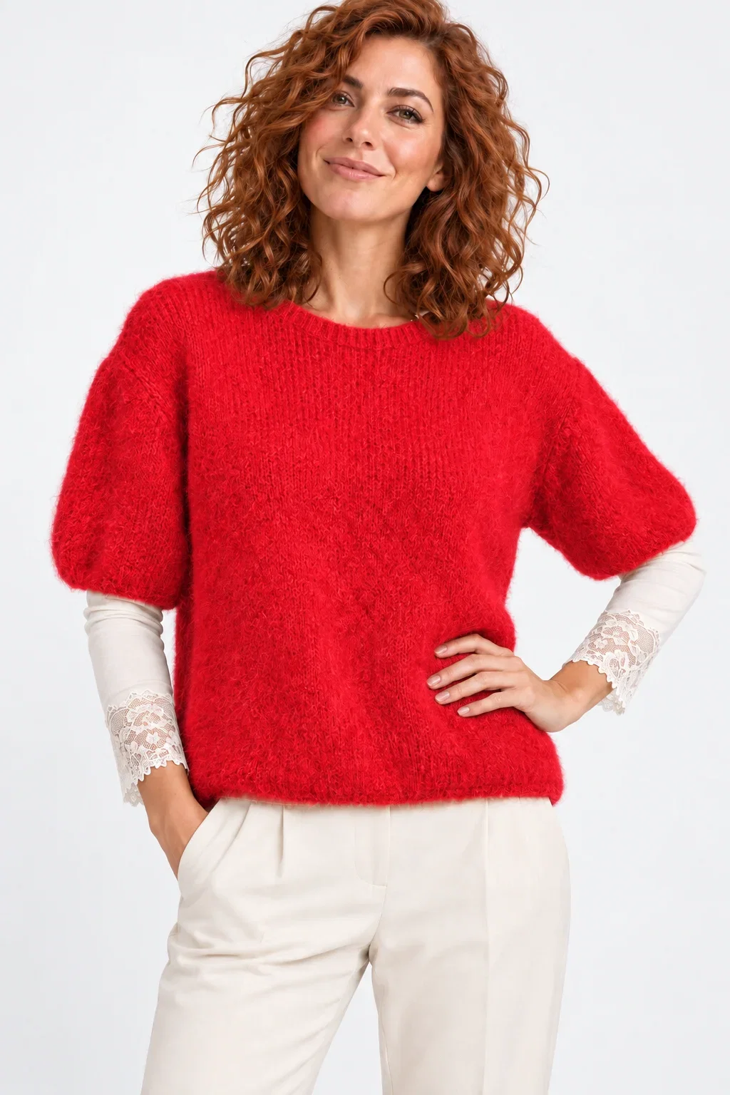 Pulover pufos cu maneca scurta, cu mohair si lana, rosu — Colecție Damă, Pulovere și cardigane