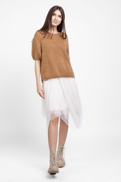 Pulover pufos cu maneca scurta, cu mohair si lana, camel [2]
