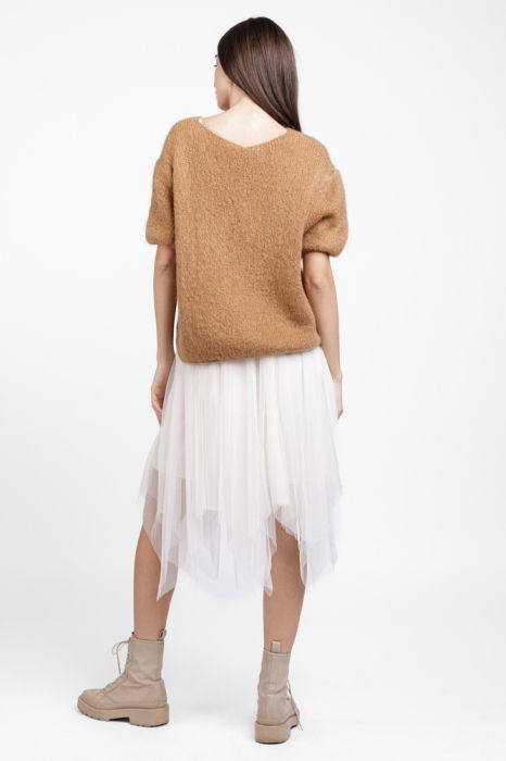Pulover pufos cu maneca scurta, cu mohair si lana, camel [4]