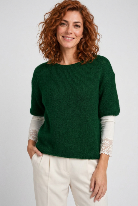 Pulover pufos cu maneca scurta, cu mohair si lana, verde inchis — Colecție Damă, Pulovere și cardigane