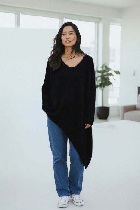 Pulover pufos negru, oversize cu colt si decolteu in V [2]