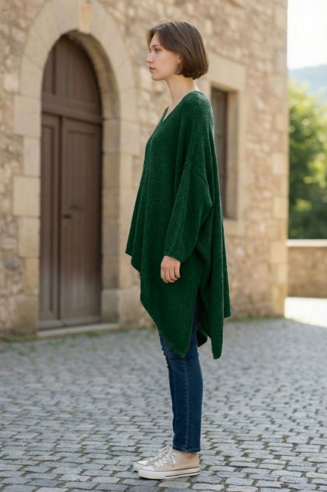 Pulover pufos verde inchis, oversize cu colt si decolteu in V [2]