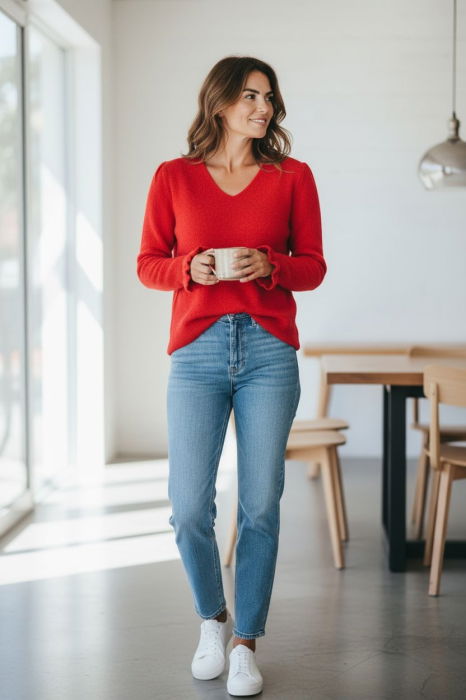 Pulover pufos cu alpaca, volane la maneci si decolteu in V – model casual chic, rosu [2]