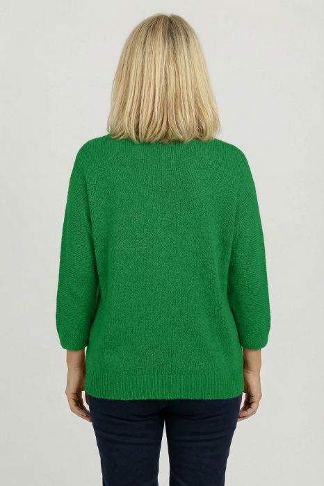 Pulover pufos verde cu decolteu in V si maneca fluture [3]