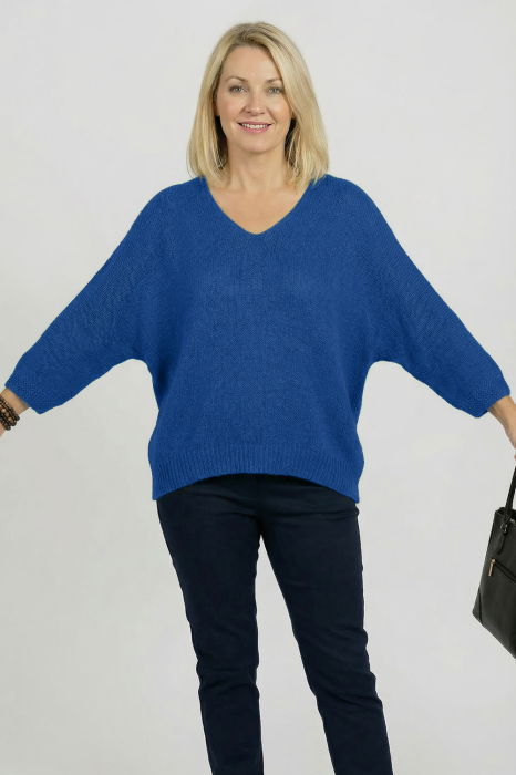 Pulover pufos albastru cu decolteu in V si maneca fluture [2]