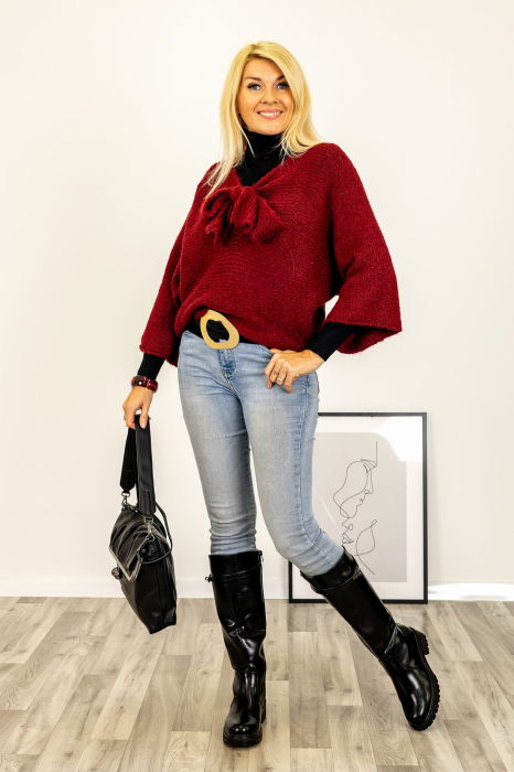 Pulover reversibil bordo, oversize cu funda si maneca fluture