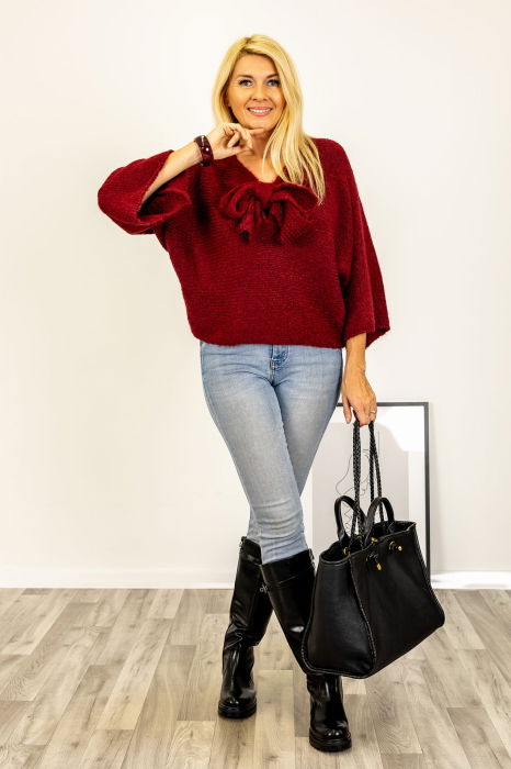 Pulover reversibil bordo, oversize cu funda si maneca fluture [2]