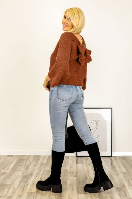 Pulover reversibil caramiziu, oversize cu funda si maneca fluture [4]