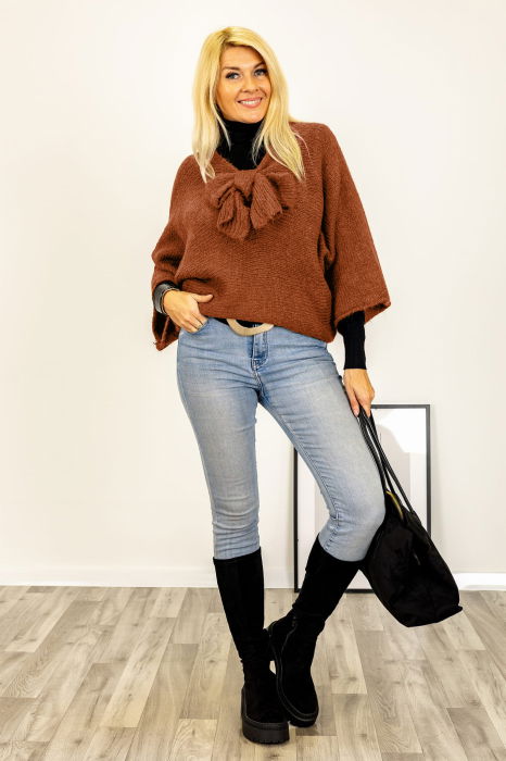 Pulover reversibil caramiziu, oversize cu funda si maneca fluture