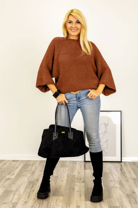 Pulover reversibil caramiziu, oversize cu funda si maneca fluture [3]