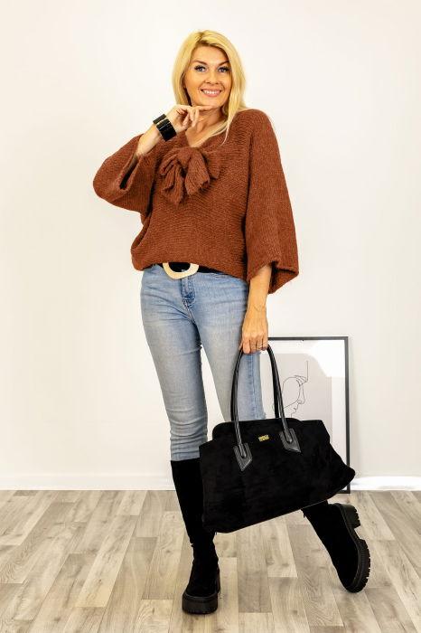 Pulover reversibil caramiziu, oversize cu funda si maneca fluture [2]