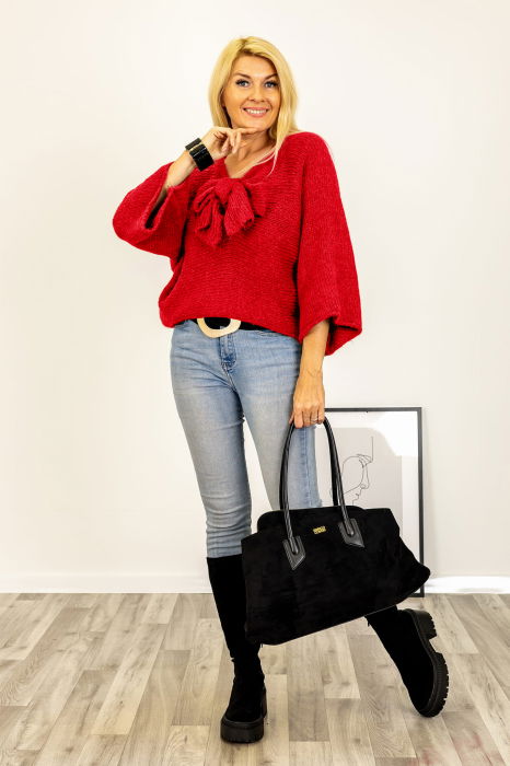 Pulover reversibil rosu, oversize cu funda si maneca fluture [2]