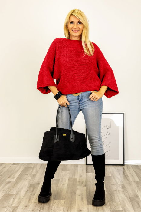 Pulover reversibil rosu, oversize cu funda si maneca fluture [3]