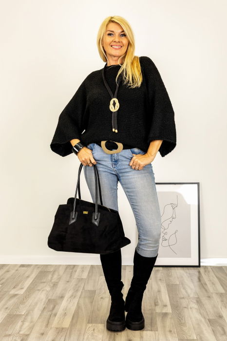 Pulover reversibil negru, oversize cu funda si maneca fluture [2]