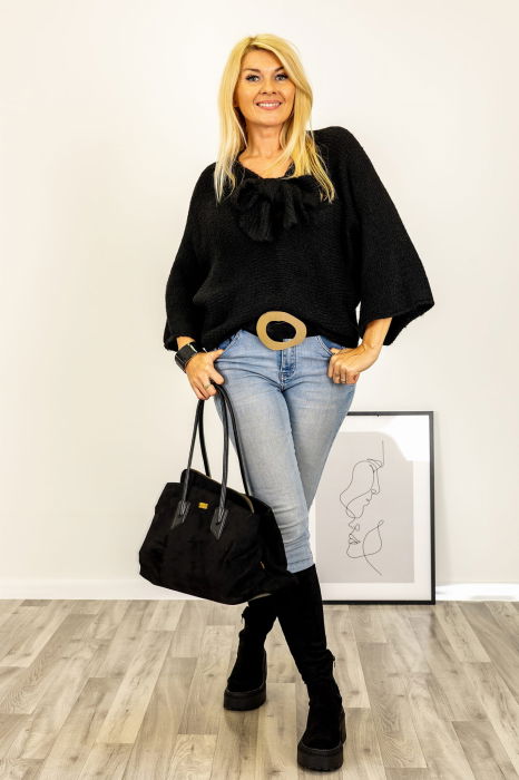 Pulover reversibil negru, oversize cu funda si maneca fluture [4]