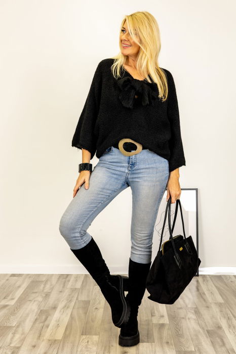 Pulover reversibil negru, oversize cu funda si maneca fluture [3]