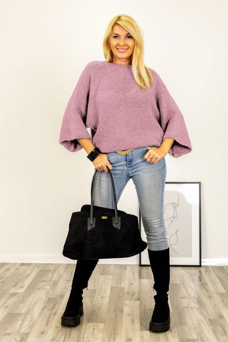 Pulover reversibil roz prafuit, oversize cu funda si maneca fluture [3]