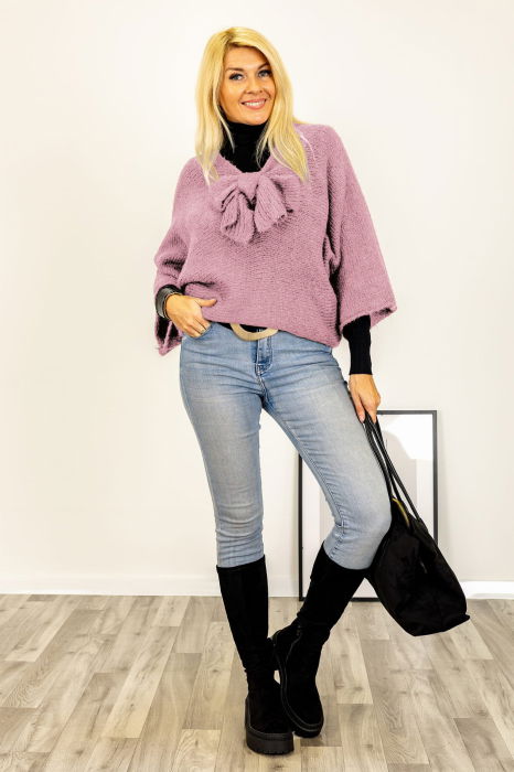 Pulover reversibil roz prafuit, oversize cu funda si maneca fluture [1]